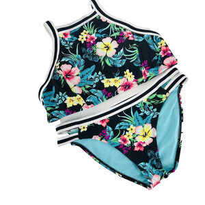 2 Piece Tropical Floral Print Halter Medium Top Bikini  Bottom Large beachy